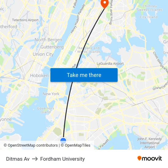 Ditmas Av to Fordham University map