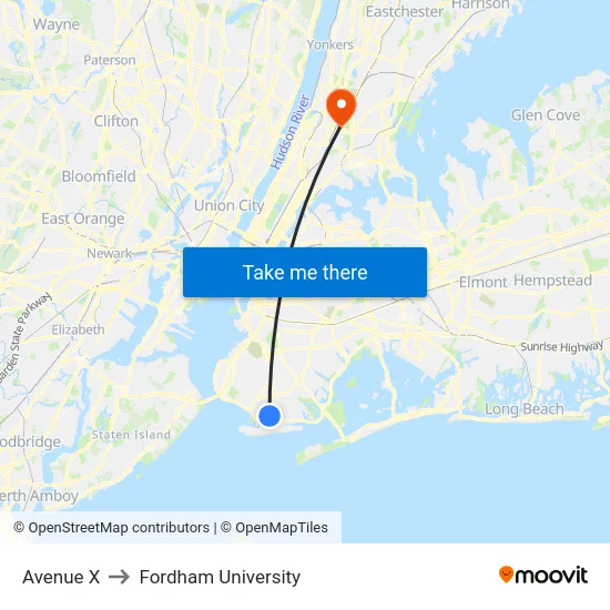 Avenue X to Fordham University map