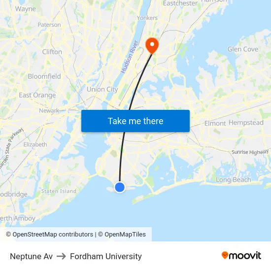 Neptune Av to Fordham University map