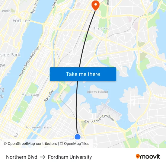 Northern Blvd to Fordham University map