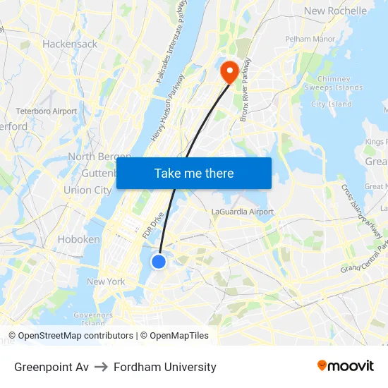 Greenpoint Av to Fordham University map
