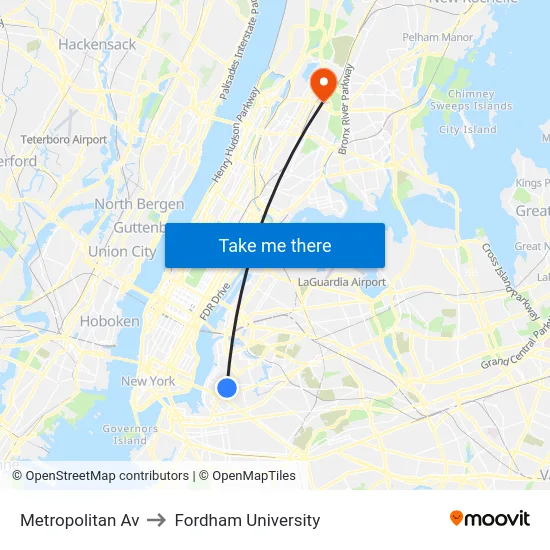 Metropolitan Av to Fordham University map