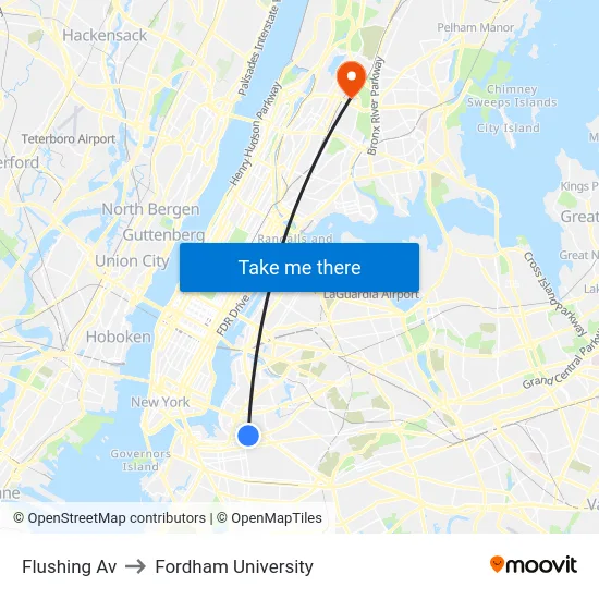 Flushing Av to Fordham University map