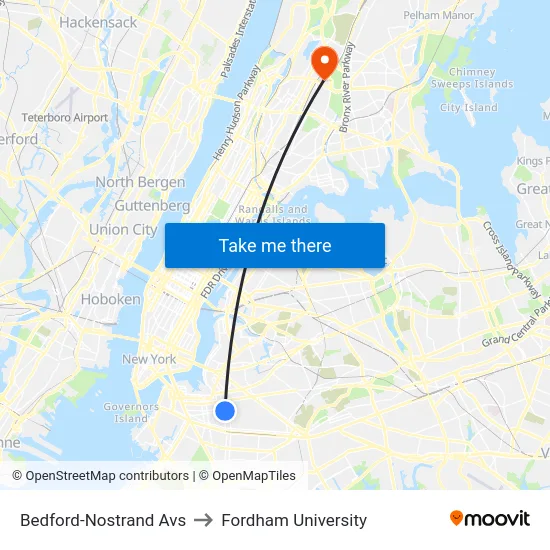 Bedford-Nostrand Avs to Fordham University map