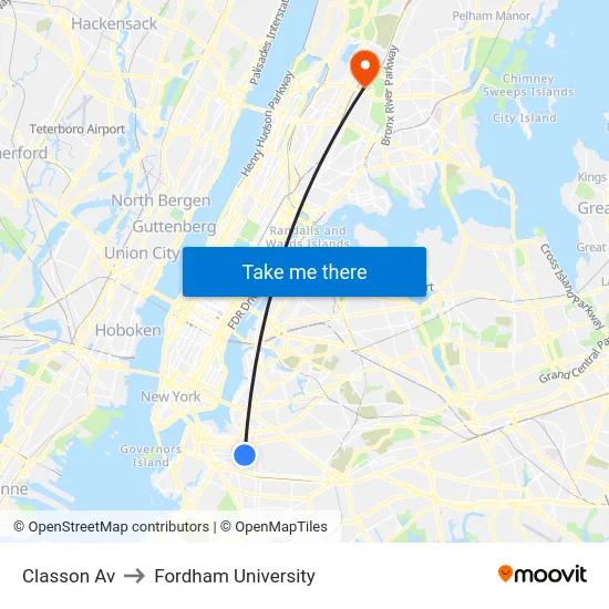 Classon Av to Fordham University map
