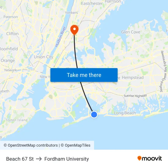 Beach 67 St to Fordham University map