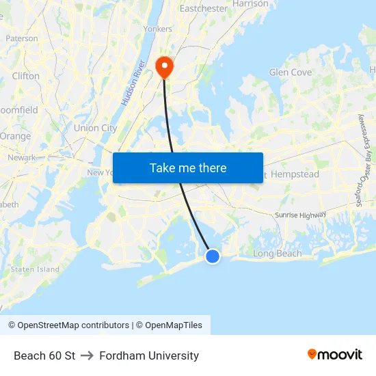 Beach 60 St to Fordham University map