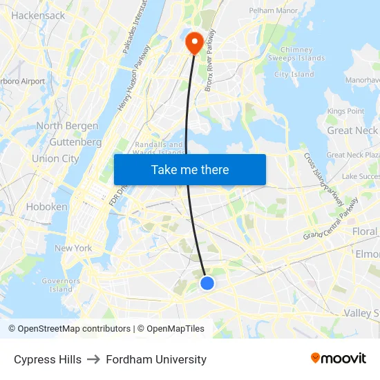 Cypress Hills to Fordham University map
