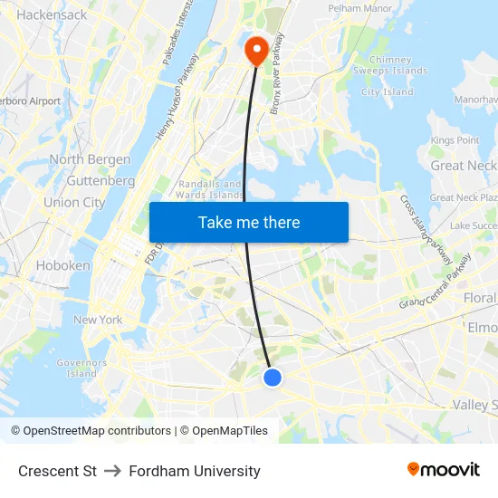 Crescent St to Fordham University map