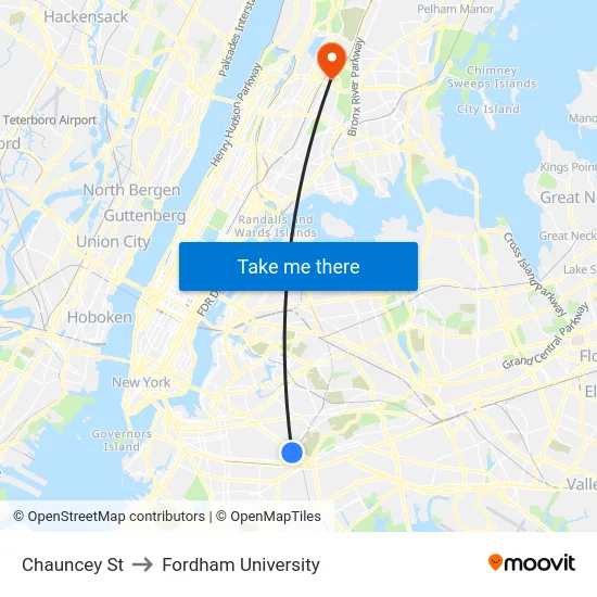 Chauncey St to Fordham University map