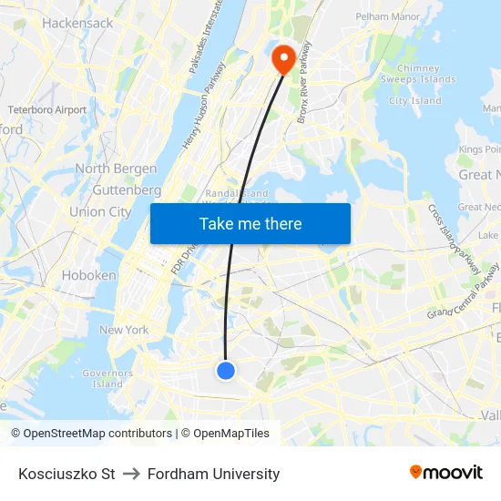 Kosciuszko St to Fordham University map