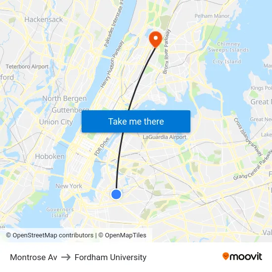 Montrose Av to Fordham University map
