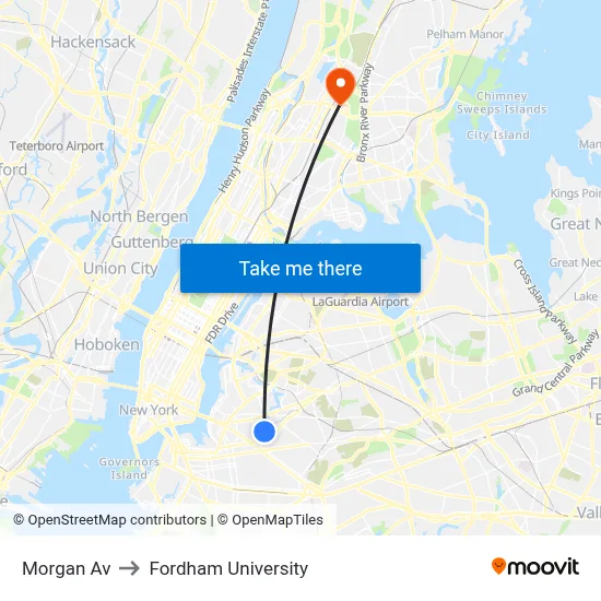 Morgan Av to Fordham University map