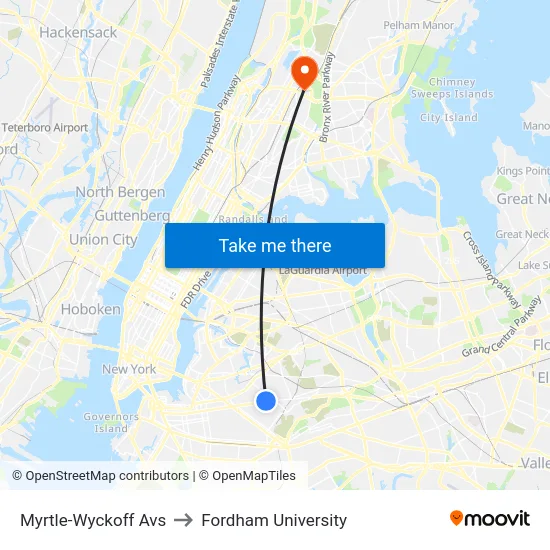 Myrtle-Wyckoff Avs to Fordham University map