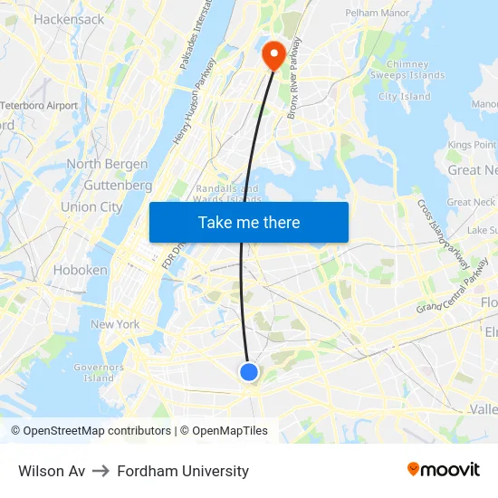 Wilson Av to Fordham University map