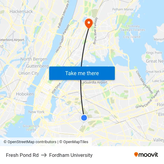 Fresh Pond Rd to Fordham University map