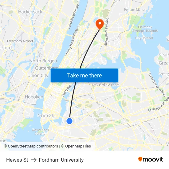 Hewes St to Fordham University map