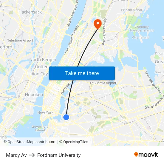 Marcy Av to Fordham University map
