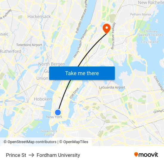 Prince St to Fordham University map