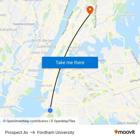 Prospect Av to Fordham University map