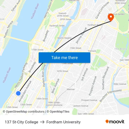 137 St-City College to Fordham University map