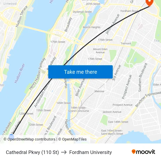 Cathedral Pkwy (110 St) to Fordham University map