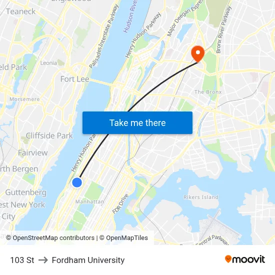 103 St to Fordham University map