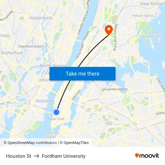 Houston St to Fordham University map