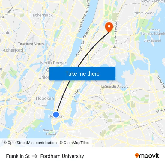 Franklin St to Fordham University map