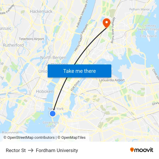 Rector St to Fordham University map