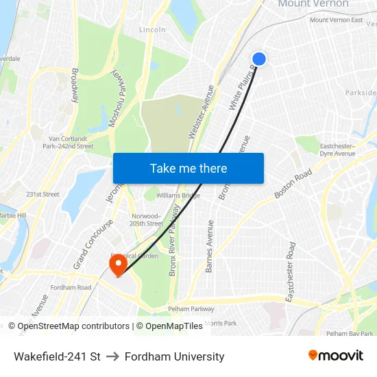Wakefield-241 St to Fordham University map