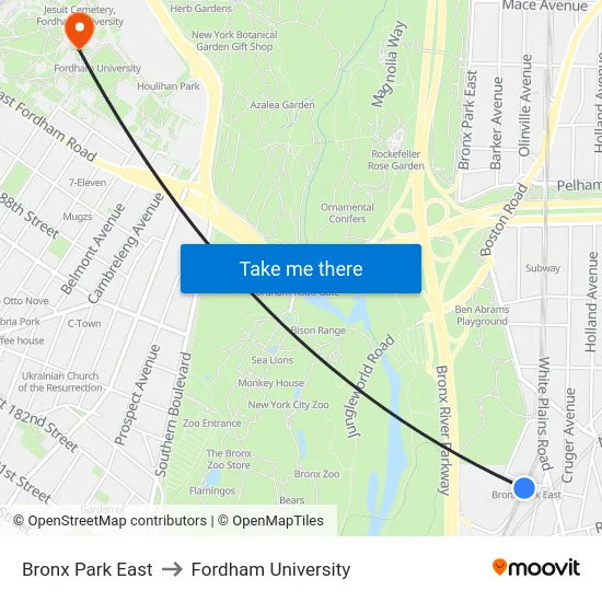 Bronx Park East to Fordham University map