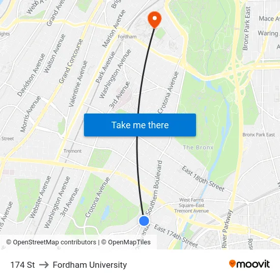 174 St to Fordham University map