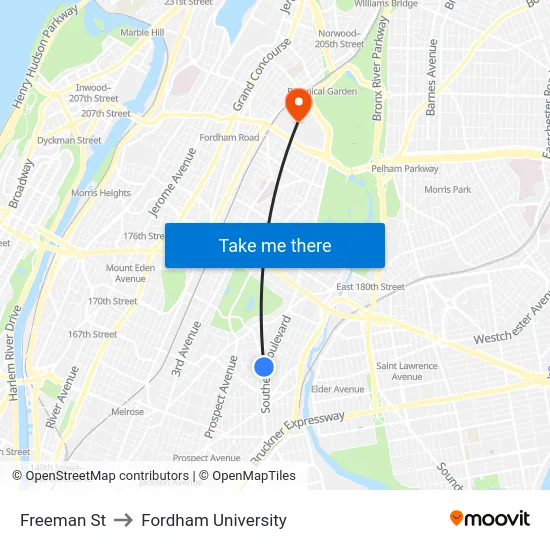 Freeman St to Fordham University map