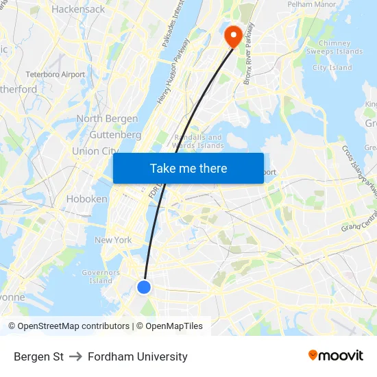 Bergen St to Fordham University map