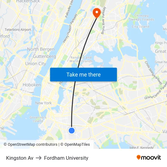Kingston Av to Fordham University map