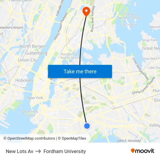 New Lots Av to Fordham University map