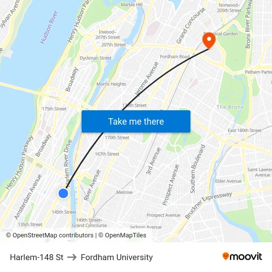Harlem-148 St to Fordham University map