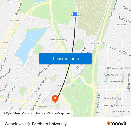 Woodlawn to Fordham University map