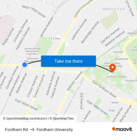 Fordham Rd to Fordham University map