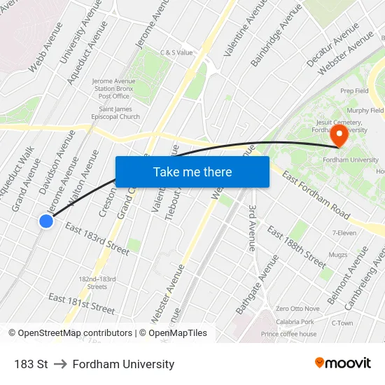 183 St to Fordham University map