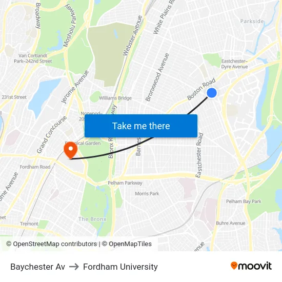 Baychester Av to Fordham University map