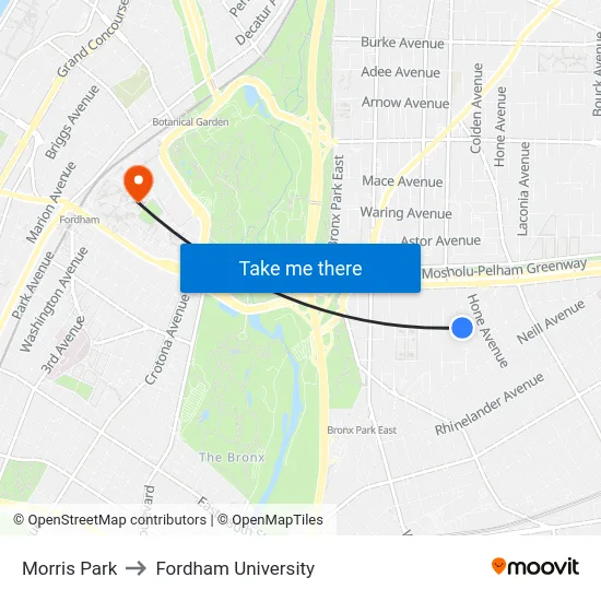 Morris Park to Fordham University map