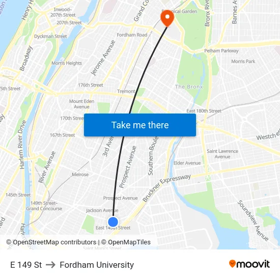 E 149 St to Fordham University map