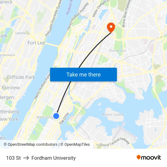 103 St to Fordham University map