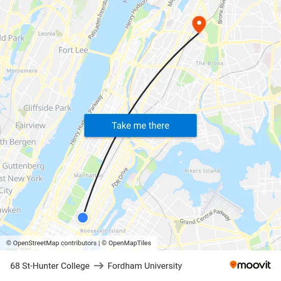 68 St-Hunter College to Fordham University map