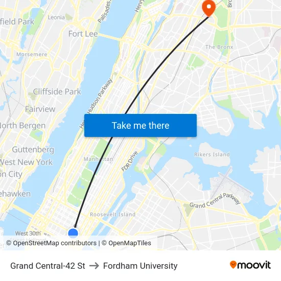 Grand Central-42 St to Fordham University map