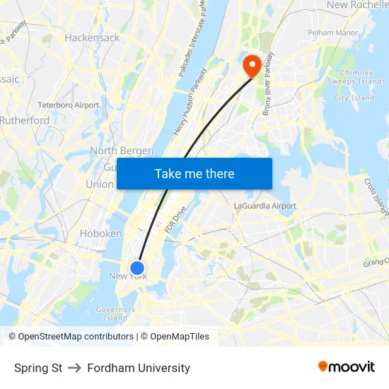 Spring St to Fordham University map