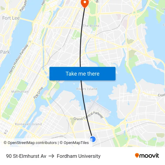 90 St-Elmhurst Av to Fordham University map