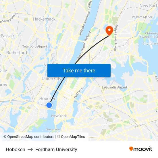 Hoboken to Fordham University map